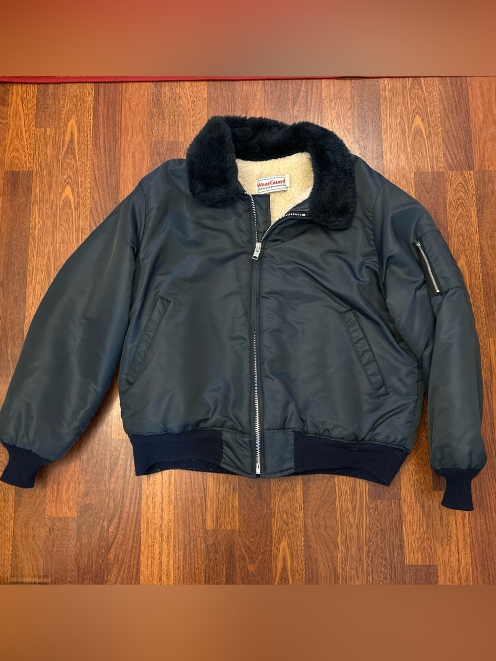 WearGuard Navy Blue Vintage Bomber Jacket Faux Fur Collar Men’s Size XL
